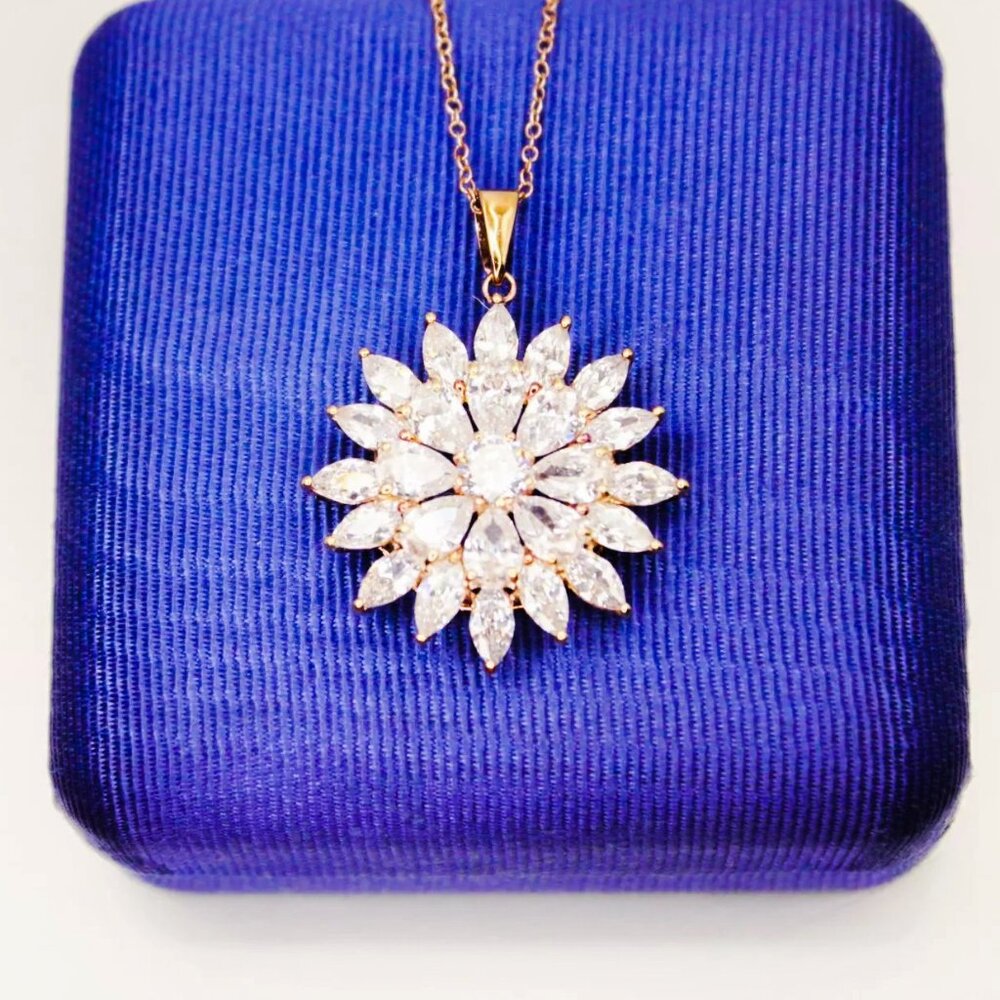 Sterling Silver 925 Gold Vermeil MARQUISE CZ FLOWER Pendant Necklace Signed BBJ